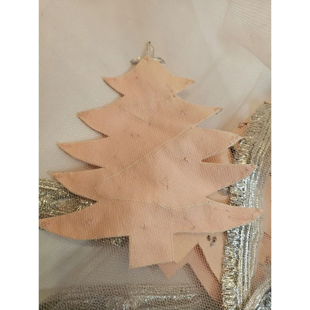 Vintage pink‎ Handmade Beaded Tulle Christmas Tree Tablecloth with Tinsel Fringe